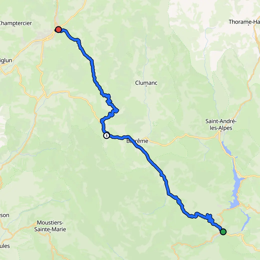 Carte : France, avec l’itinéraire planifié par AddStride de Castellane à Digne-les-Bains en mode Sinueux