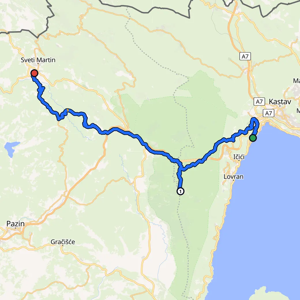Karta: Hrvatska. Ruta koju je AddStride isplanirao, Opatija – Buzet, način: Vijugavo