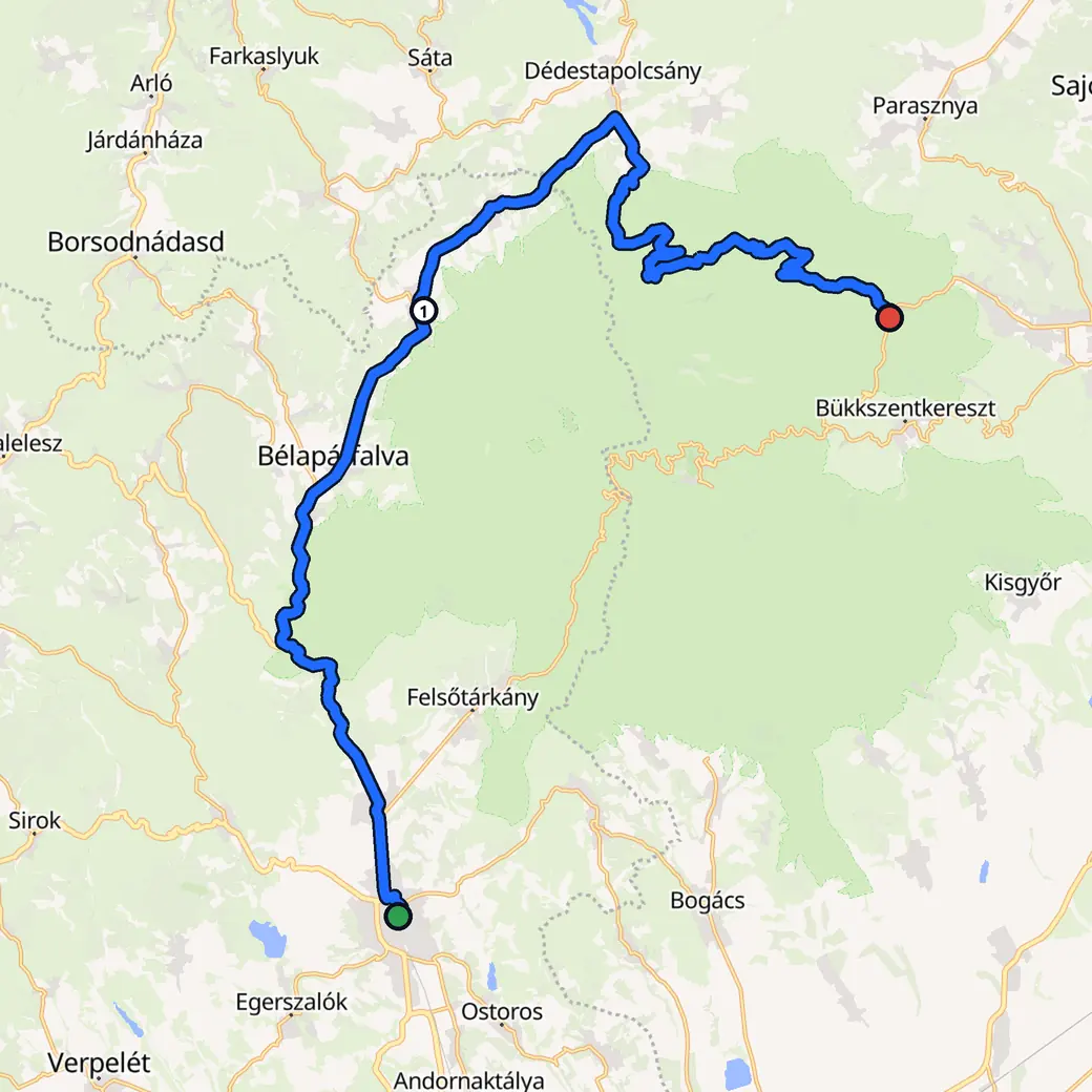 Térkép (Magyarország) az AddStride által tervezett útvonallal: Eger – Lillafüred, útvonal mód: Kanyargós