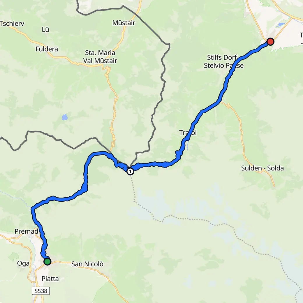 Mappa: Italia, con il percorso pianificato da AddStride da Bormio a Prato allo Stelvio in modalità Curvoso