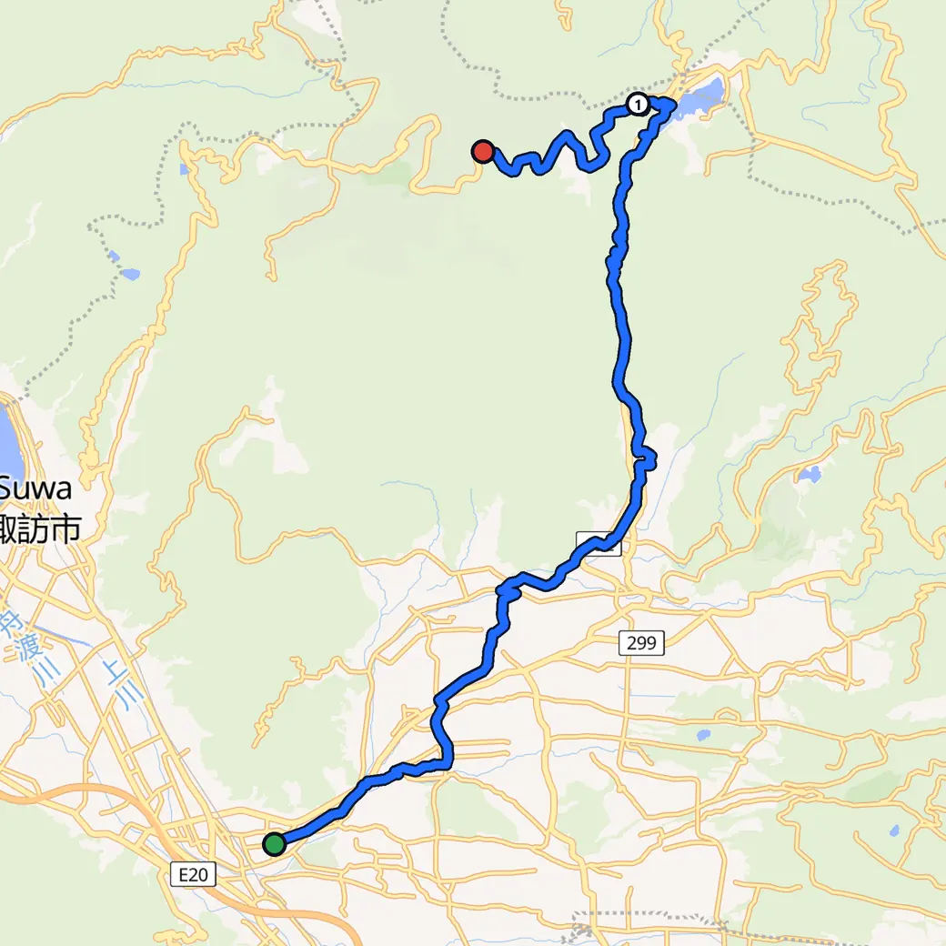 日本の地図。AddStrideが茅野から霧ヶ峰までワインディングモードで計画したルート