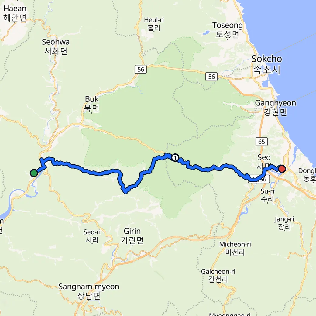 대한민국 지도, AddStride가 인제에서 양양까지 와인딩 모드로 계획한 경로