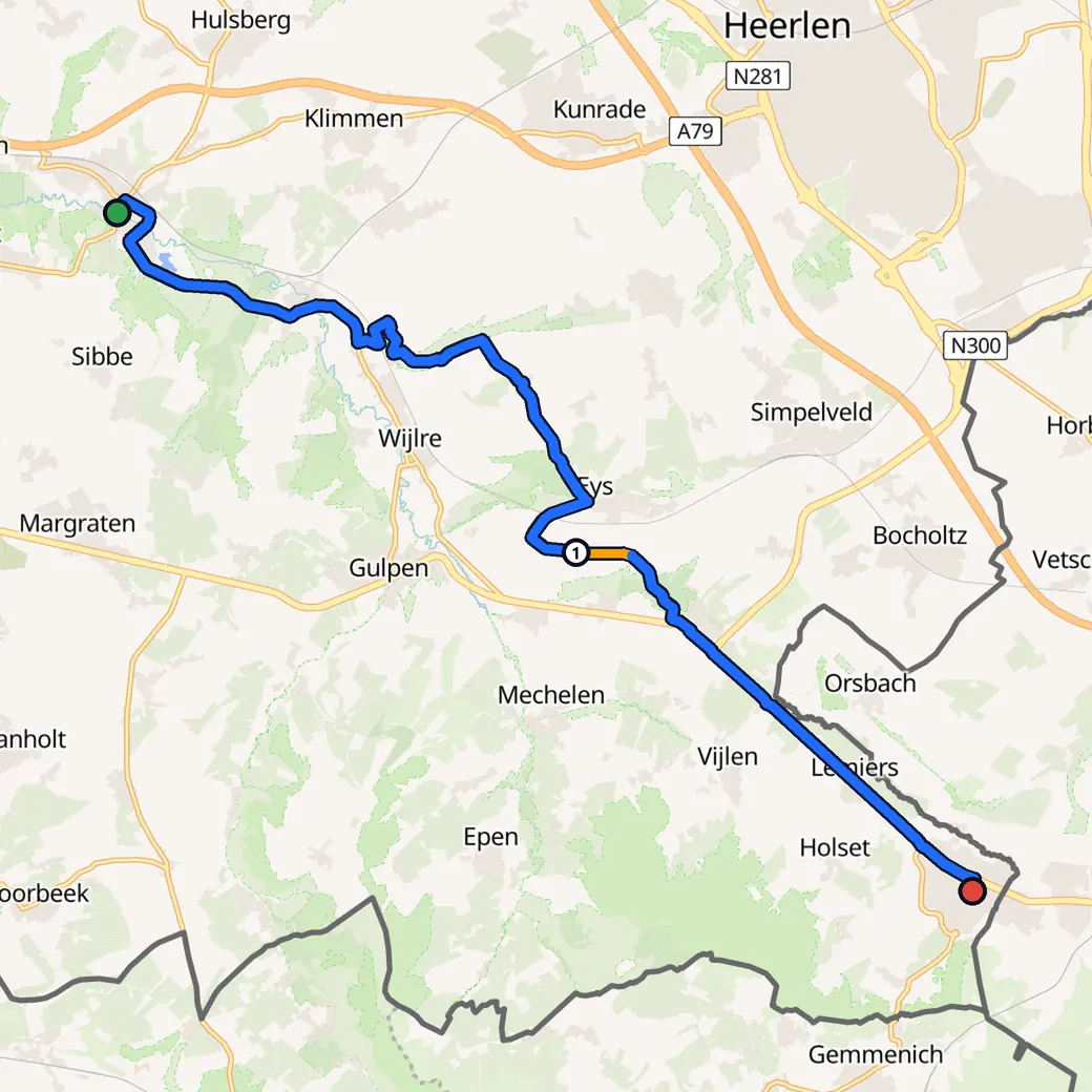 Kaart: Nederland, met de route die AddStride plande van Valkenburg naar Vaals in de modus Bochtig