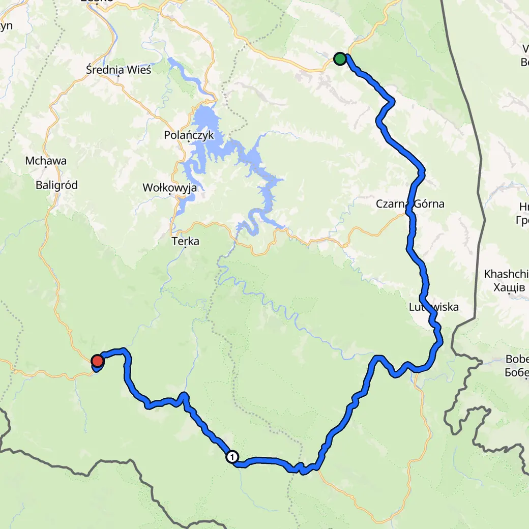 Mapa: Polska. Trasa zaplanowana przez AddStride, Ustrzyki Dolne – Cisna, tryb: Kręta