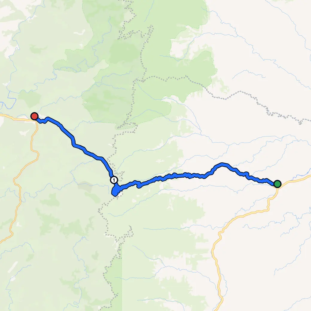 Mapa: Brasil, com a rota que o AddStride planejou de Lauro Müller a Bom Jardim da Serra no modo Curvas