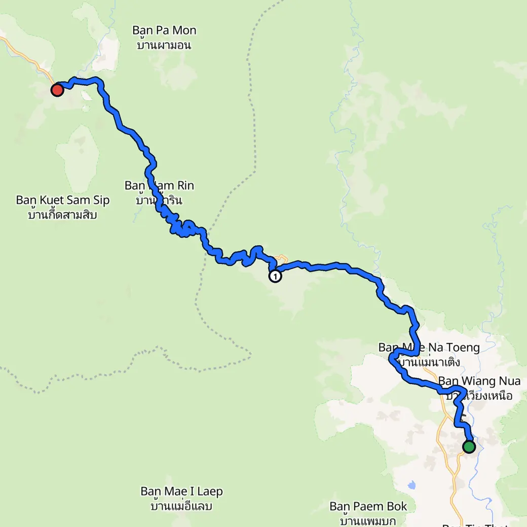 แผนที่ ไทย พร้อมเส้นทางที่ AddStride วางแผนจาก ปาย ไป ปางมะผ้า ในโหมด ทางโค้ง